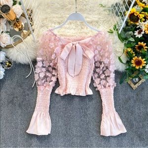 Pink daisy ruched bow dainty pretty flowery blouse